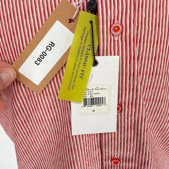 Robert Graham Woven Button Front Short Sleeve Shirt Indos Red-Orange Stripe M - Picture 7 of 9